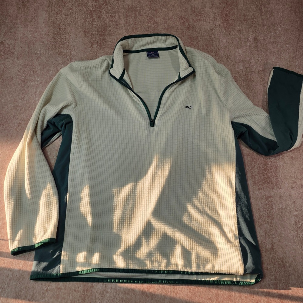 Vineyard Vines Mens XL Rare Cream Green Grid Fleece Quarter Zip Pullover